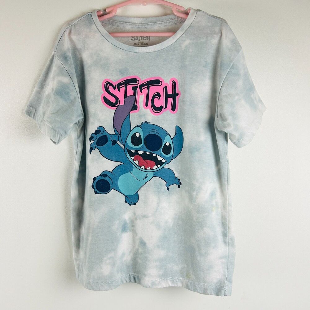Disney Stitch Short Sleeve Graphic Tee Shirt Girls M 7/8 Blue Tie Dye Pullover